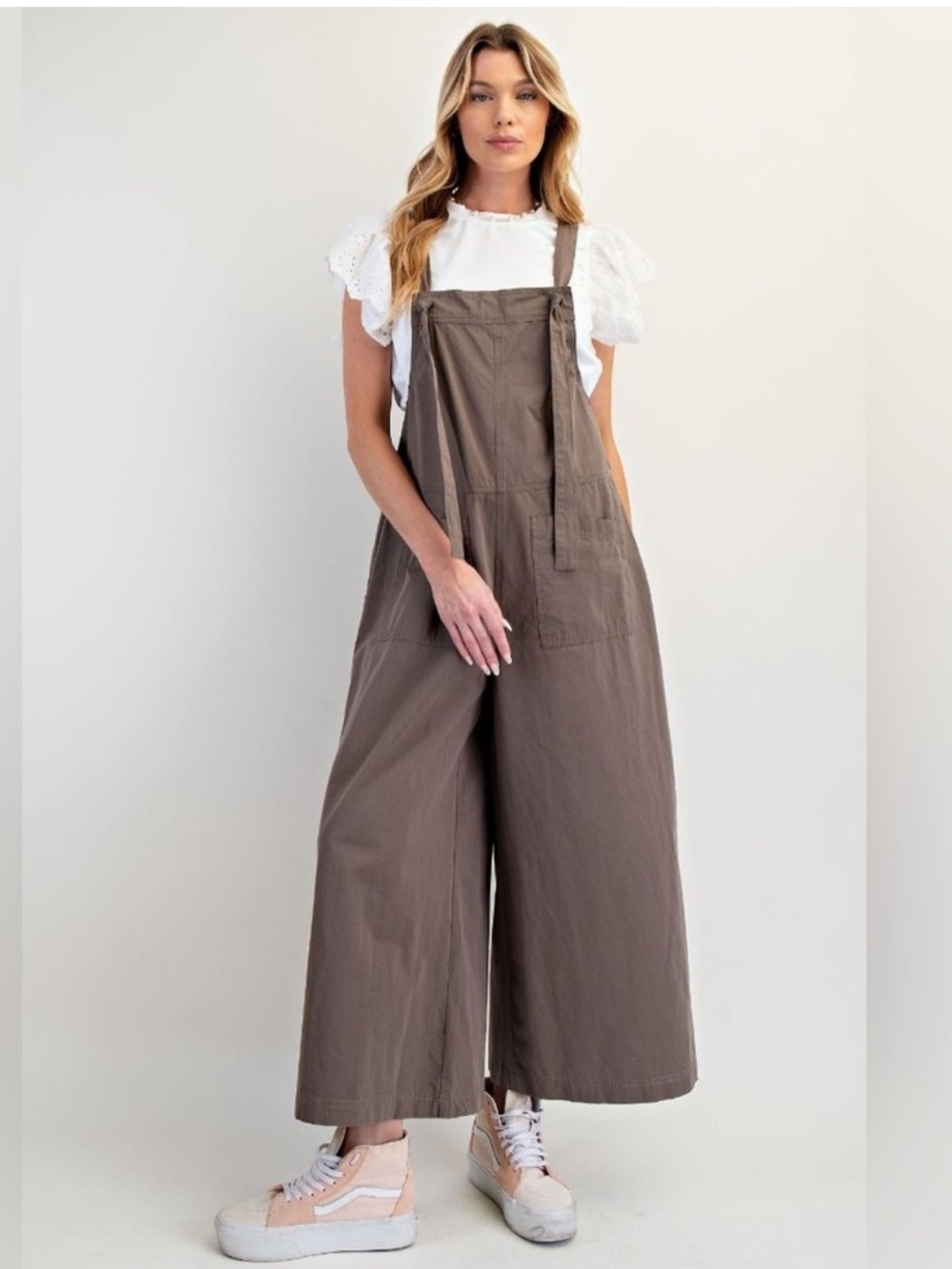 NWT: Easel Boho Cotton Brown Patch Pockets Wide Leg Jumper Jumpsuit• Small